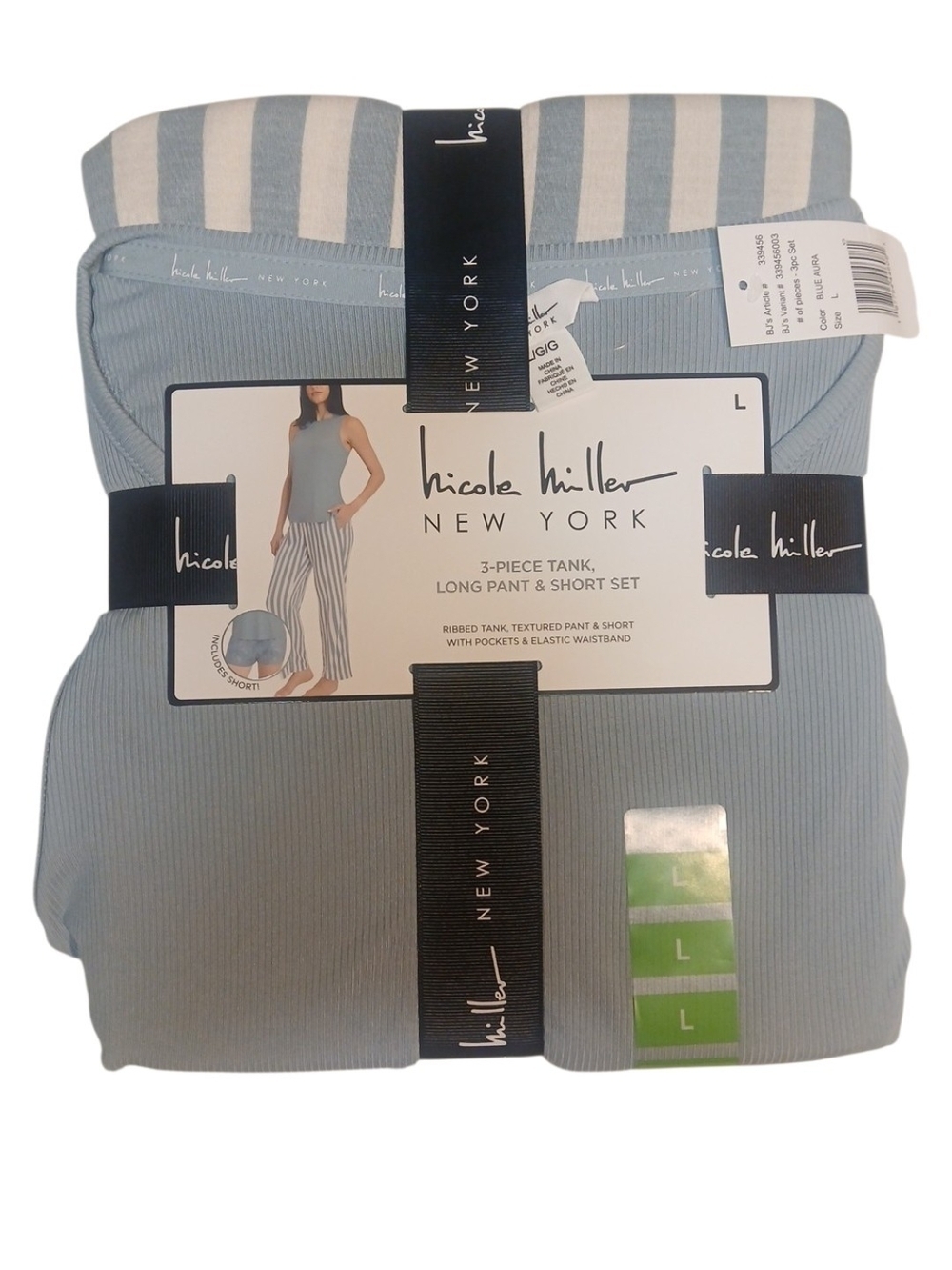 Nicole Miller -NWT, Ladies 3 Piece Blue-Arua, Tank,Long Pant & Short Set,Pockets
